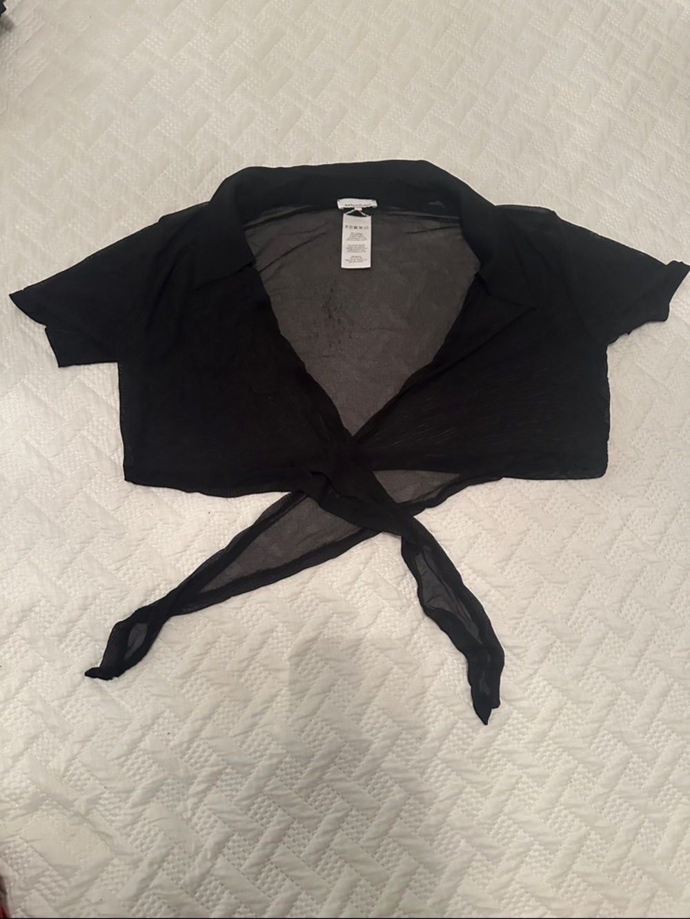 Black Mesh Tie-Front Short Sleeve Crop Top